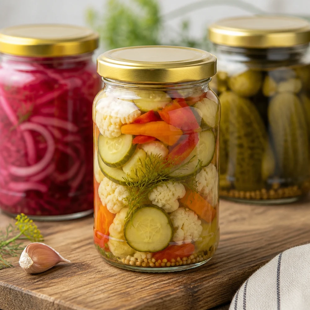 305ml Rundglas UNiTWIST mit eingelegtem Gemüse - Einweckglas mit goldenem Deckel für Pickles und Konserven