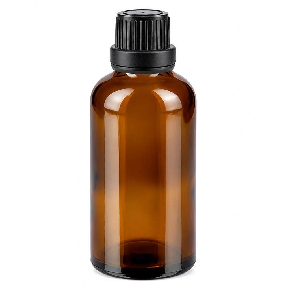 Apothekenflasche braun 50ml Schraubverschluss schwarz Dichteinlage Originalitätsverschluss Runde 50ml Apothekerfl. aus braunem Glas mit schwarzem Sicherheitsverschluss SV OV
