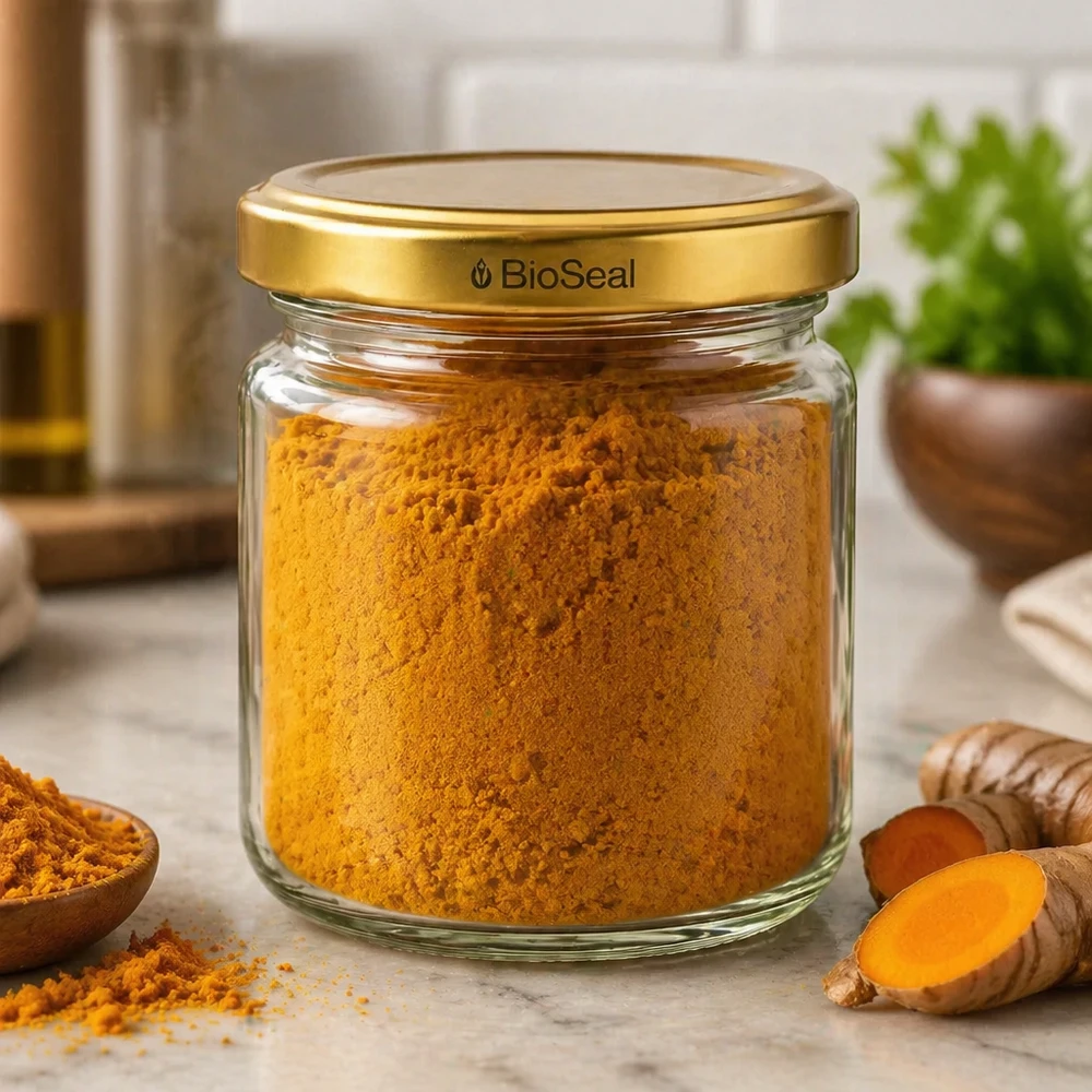 UNiTWIST Runda53 Glas gefüllt mit Kurkumapulver und goldenem TO43 BioSeal Deckel in Küche mit frischem Kurkuma