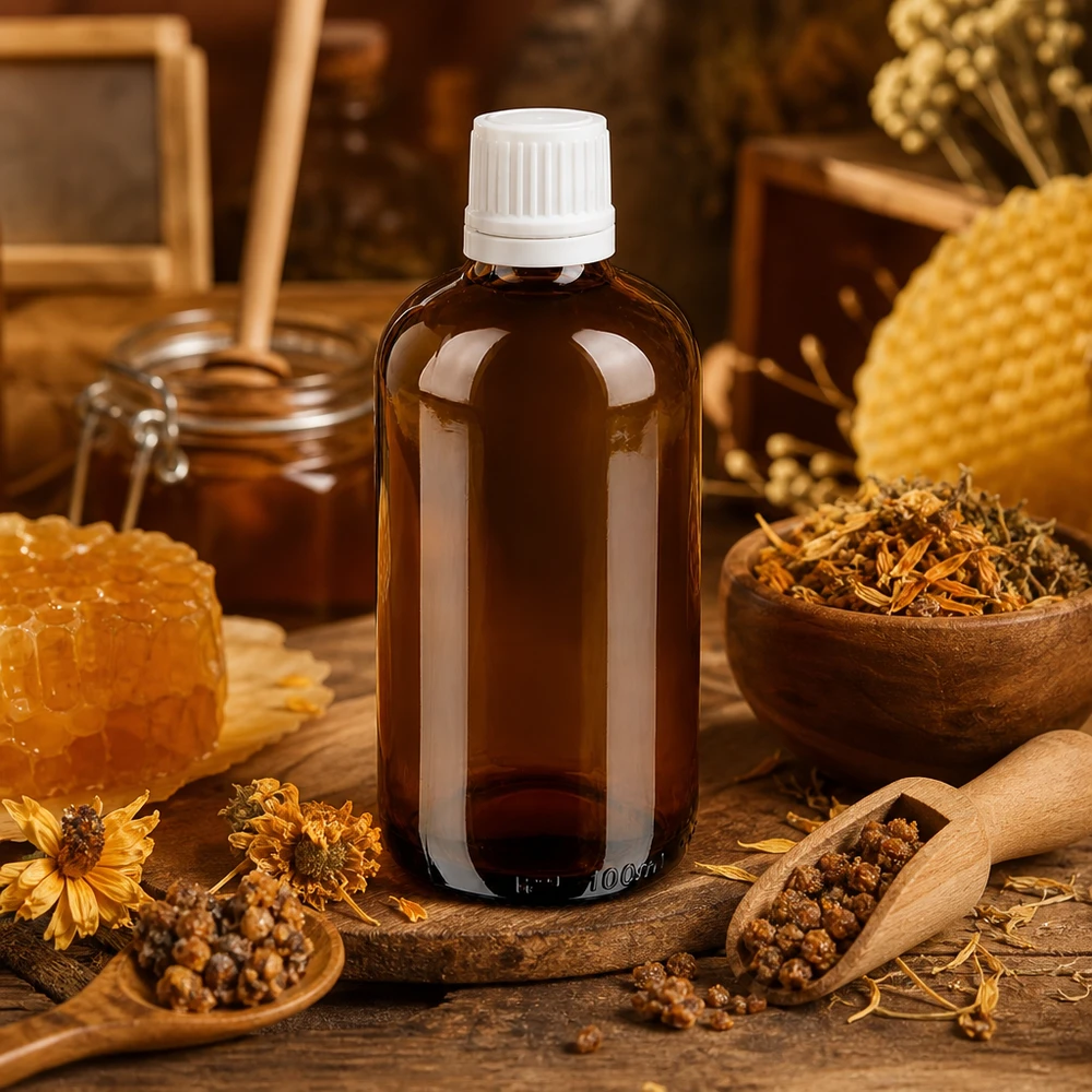 Apothekenflasche braun 100ml Schraubverschluss weiß Originalitätsverschluss Braunglas Apothekerflasche 100ml mit weißem 11mm Verschluss im natürlichen Kräuter-Honig-Ambiente