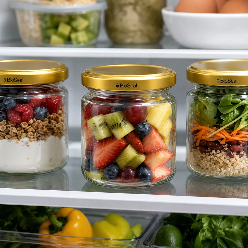 UNiTWIST Runda53 Gläser mit goldenem TO43 BioSeal Deckel im Kühlschrank für Meal Prep mit Früchten und Salat