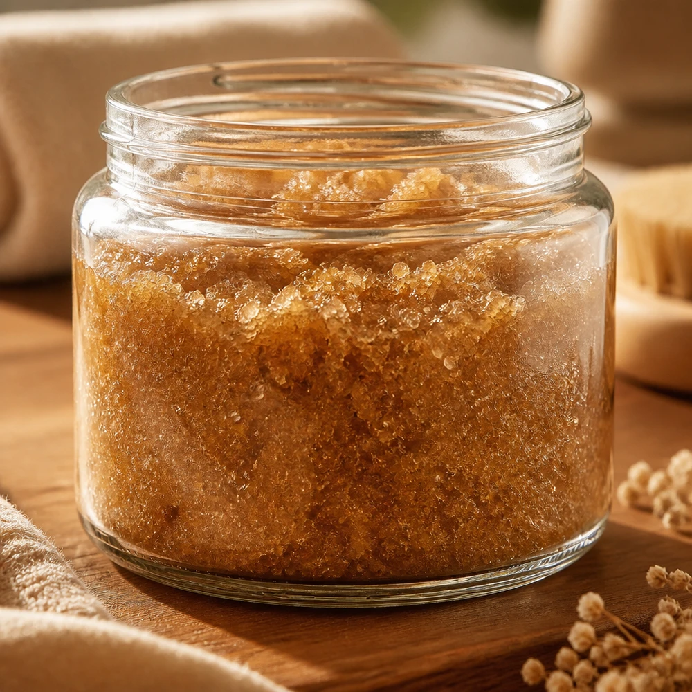 Salbenglas 250ml klar gefüllt mit goldbraunem Peeling-Scrub auf Holzuntergrund natürliche Kosmetik Anwendung