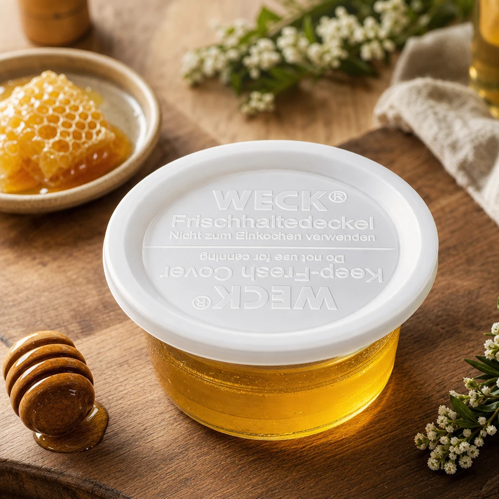 WECK Frischhaltedeckel RR120 mit Honig und Bienenwabe auf Holzbrett natürliche Lebensmittelaufbewahrung