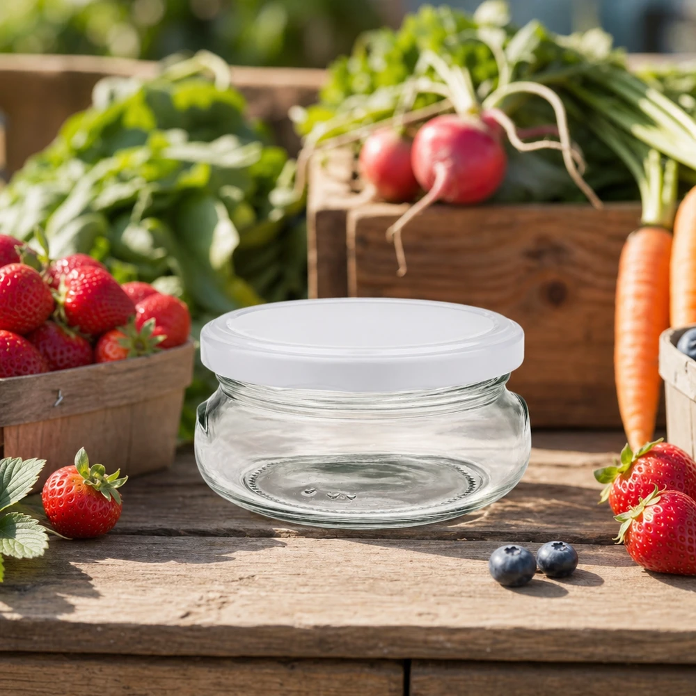 120ml Terrinenglas mit weißem Deckel zwischen frischem Obst und Gemüse auf rustikalem Holztisch
