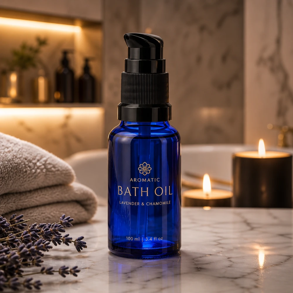 Hochwertige blaue Apothekerglas Flasche 10ml mit schwarzer Pumpe auf Marmoroberfläche