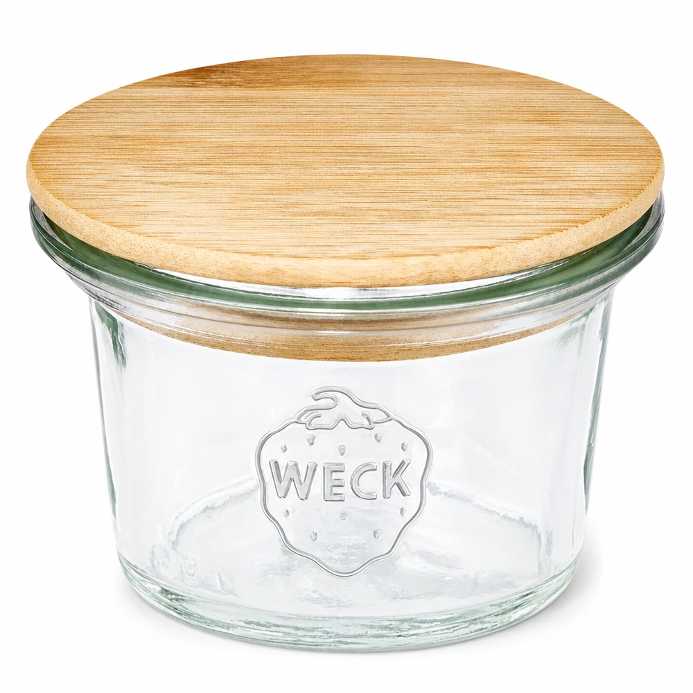 35ml Mini Sturzglas WECK RR40 mit Holzdeckel WECK Sturzglas 35ml RR40 mit Bambus Holzdeckel Mini Einmachglas transparent mit WECK Logo