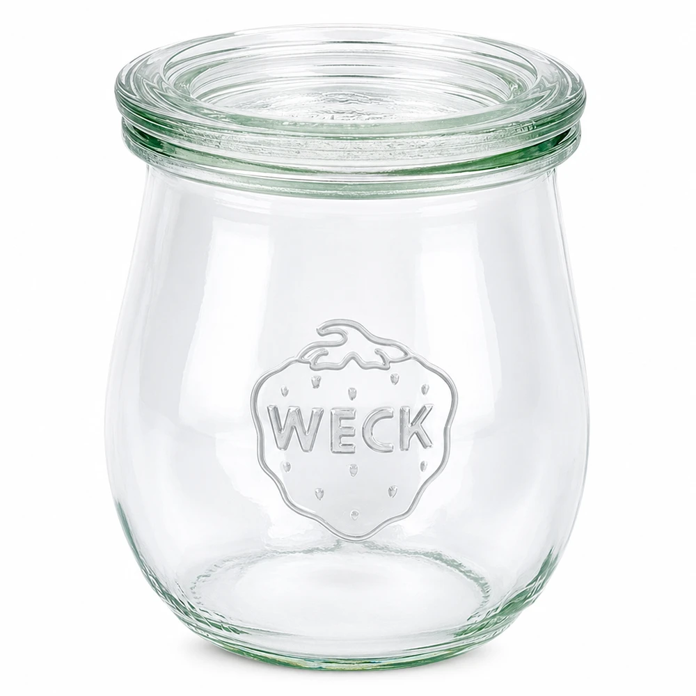220ml Tulpenglas mit Glasdeckel WECK RR60 WECK Tulpenglas 220ml mit Glasdeckel RR60 Einmachglas transparent leer auf weißem Hintergrund
