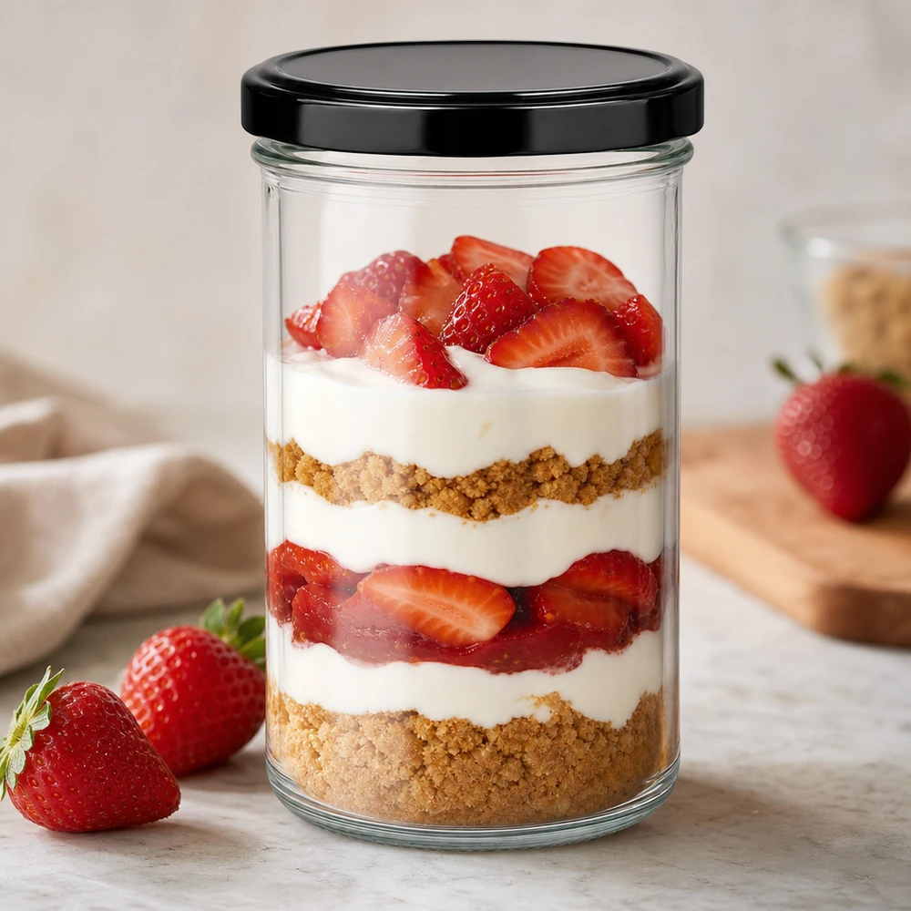 277ml Sturzglas mit BasicSeal Deckel schwarz UNiTWIST 277ml Sturzglas als Dessertglas für Erdbeer-Tiramisu mit BasicSeal Deckel schwarz Schichtdessert im Glas