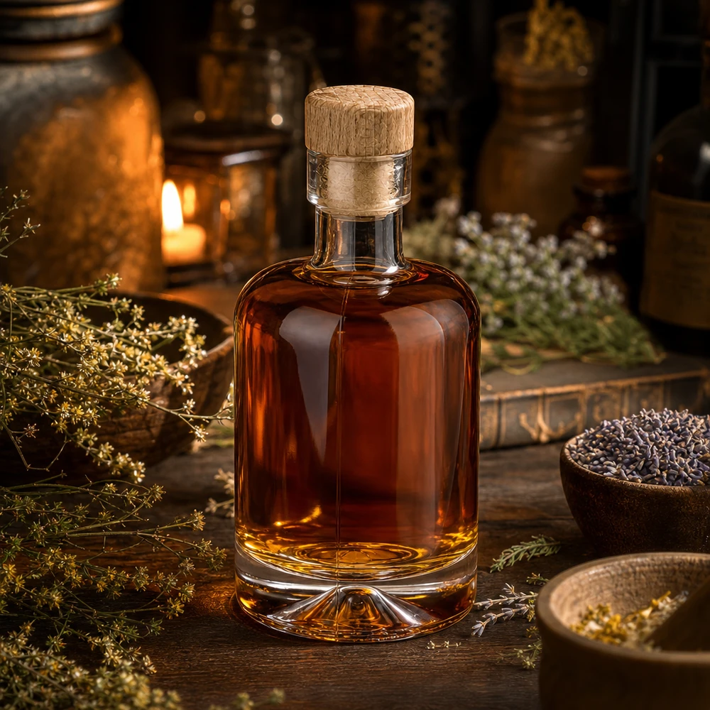 50ml Glasflasche "Attila" mit Holzgriffkorken UNiTWIST 50ml Glasflasche Amelie mit bernsteinfarbener Spirituose gefüllt zwischen Kräutern und Gewürzen atmosphärisch beleuchtet