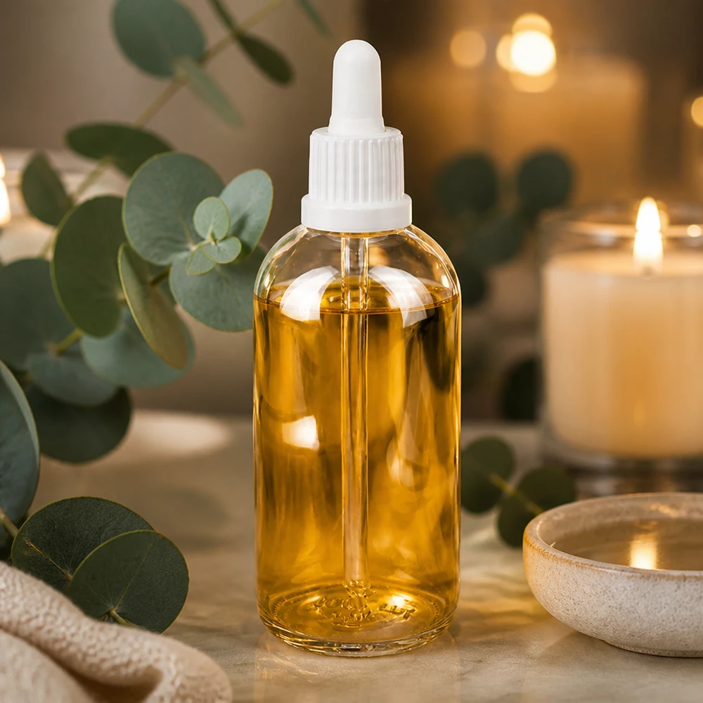 Zylindrische 100ml Dropper Flasche ClearLine weiß UT18 in entspannter Wellness Umgebung