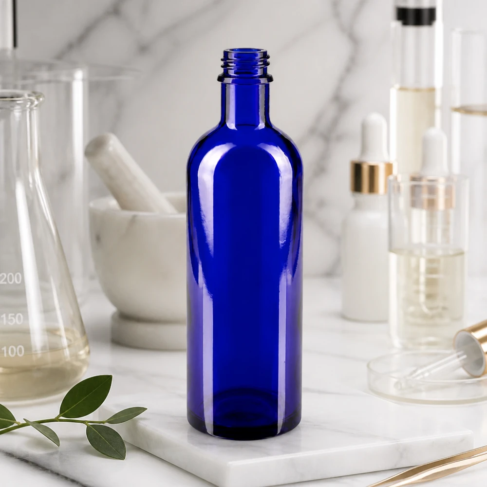 Robuste Tropfflasche aus Blauglas 200ml mit weiter DIN 22 Öffnung zum einfachen Befüllen