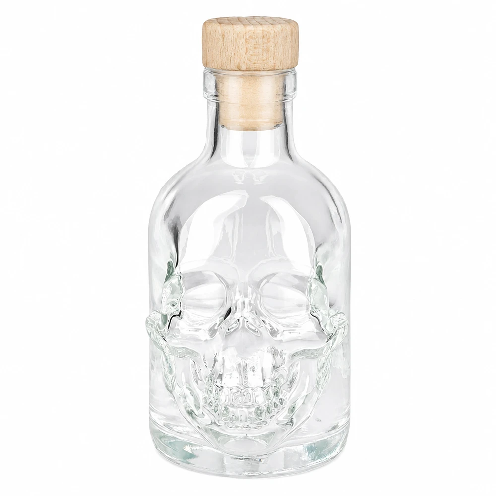 200ml Glasflasche "Jack" mit Holzgriff-Korken UNiTWIST 200ml Glasflasche Jack mit Totenkopf-Design und Holzkorken, leere Spirituosenflasche mit Schraubverschluss