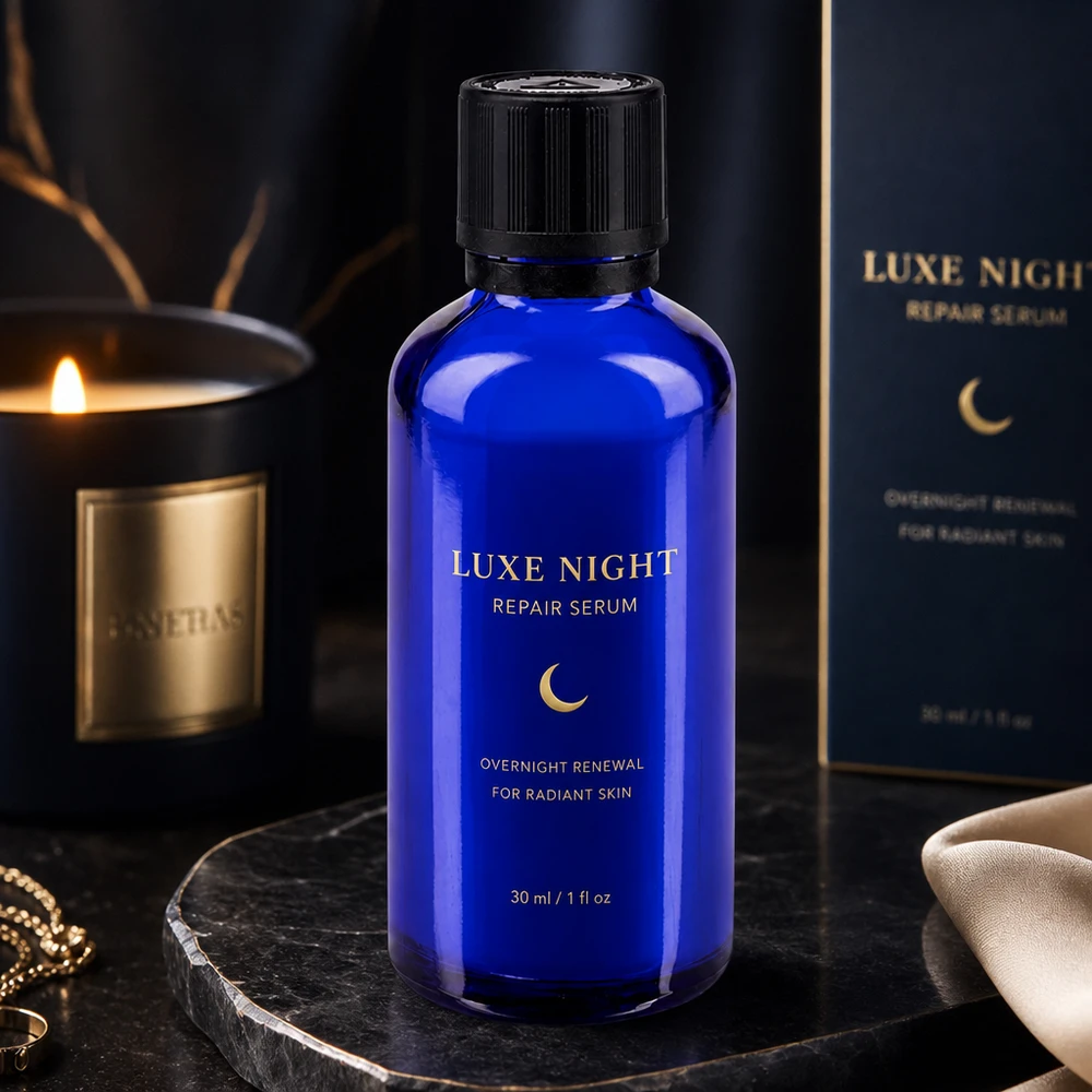 Apothekenflasche blau 50ml Tropfer Giessring 1mm schwarz Kindersicherung Blindenwarnsymbol Originalitätsverschluss Blaues Apothekerglas mit Sicherheitsverschluss und Tropfeinsatz in luxuriösem Nachtpflege-Setting