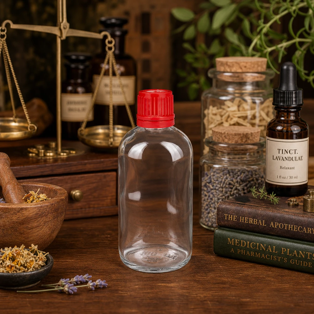 Zylindrische 100ml Glasflasche UT18 roter Verschluss umgeben von getrockneten Heilpflanzen und Kräutern