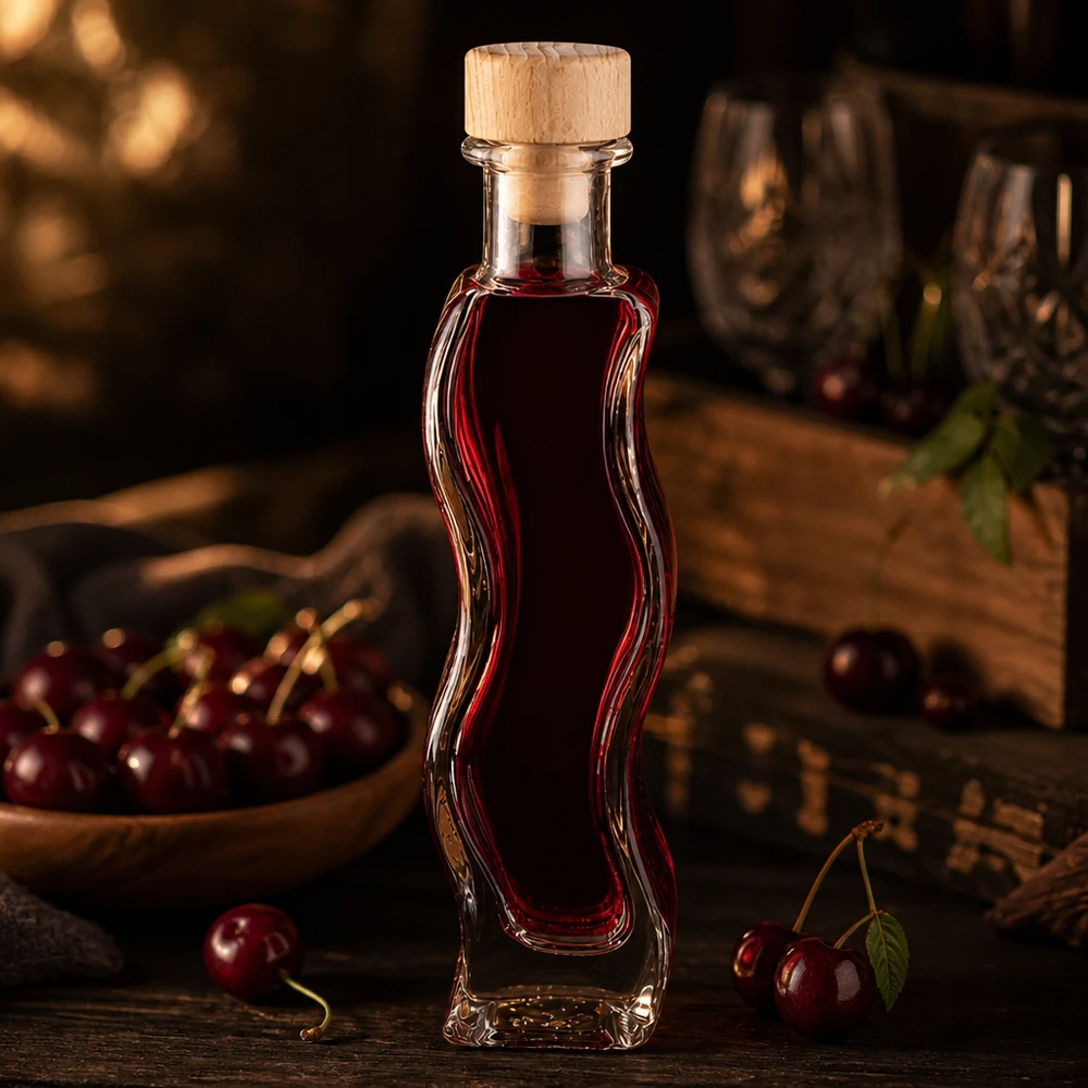 100ml Glasflasche "Melissa" mit Holzgriff-Korken UNiTWIST 100ml Glasflasche Melissa mit rotem Kirschlikör gefüllt Holzkorken frische Kirschen gemütliche Küche atmosphärisch
