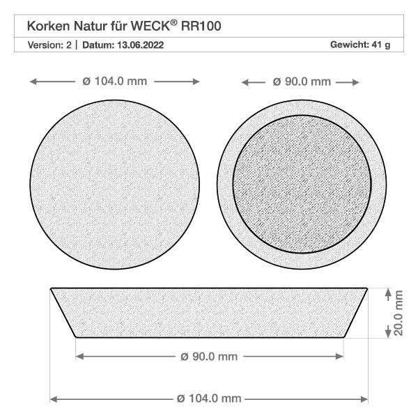1062ml Tulpenglas WECK RR100 mit Korken natur Technische Zeichnung WECK Korken natur für RR100 Glas mit Maßangaben Durchmesser 104mm und 90mm Höhe 20mm