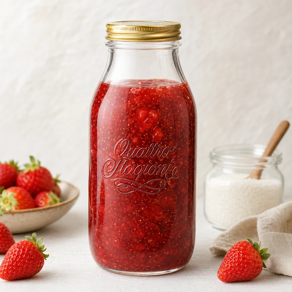 Quattro Stagioni 1000ml Glasflasche mit Erdbeermarmelade gefüllt, umgeben von frischen Erdbeeren und Milchglas