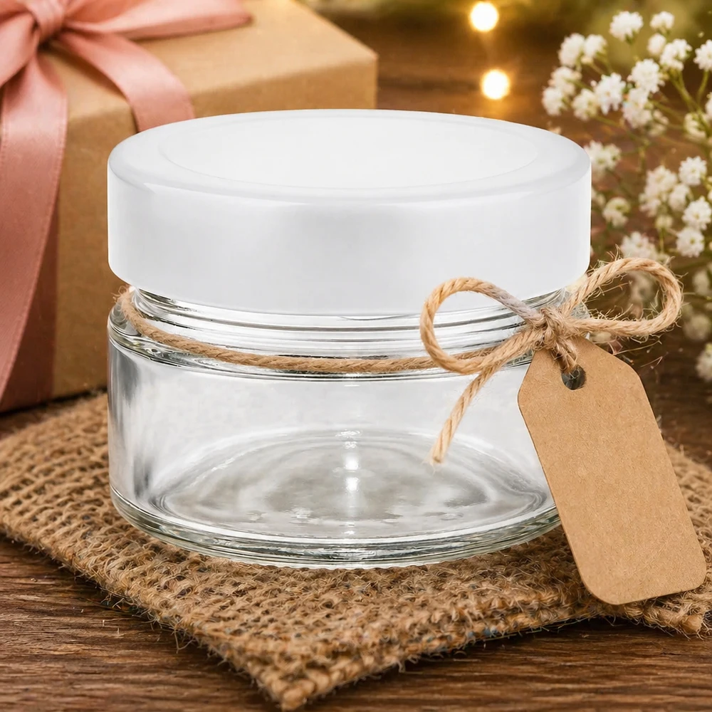 80ml Rundglas mit weißem Deckel dekorativ präsentiert mit Geschenkverpackung und Juteseil-Banderole