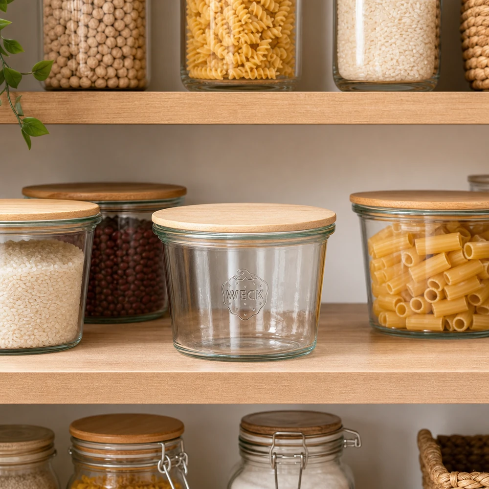 WECK Mini Sturzglas 50ml leer in organisierter Vorratsküche zwischen gefüllten Gläsern mit Pasta und Hülsenfrüchten