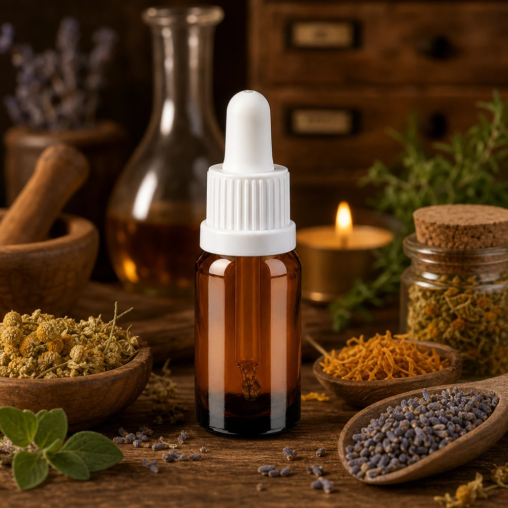 Kompakte 10ml Braunglasflasche mit weißer Pipette für homöopathische Tinkturen