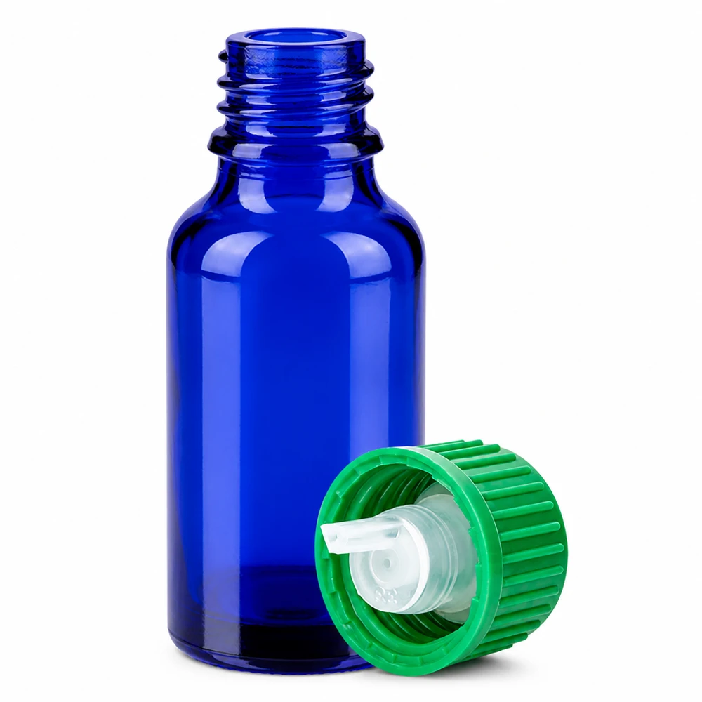 20ml blaue Apothekerflasche mit grünem Tropfdeckel 0.8mm Öffnung BlueLine Qualität
