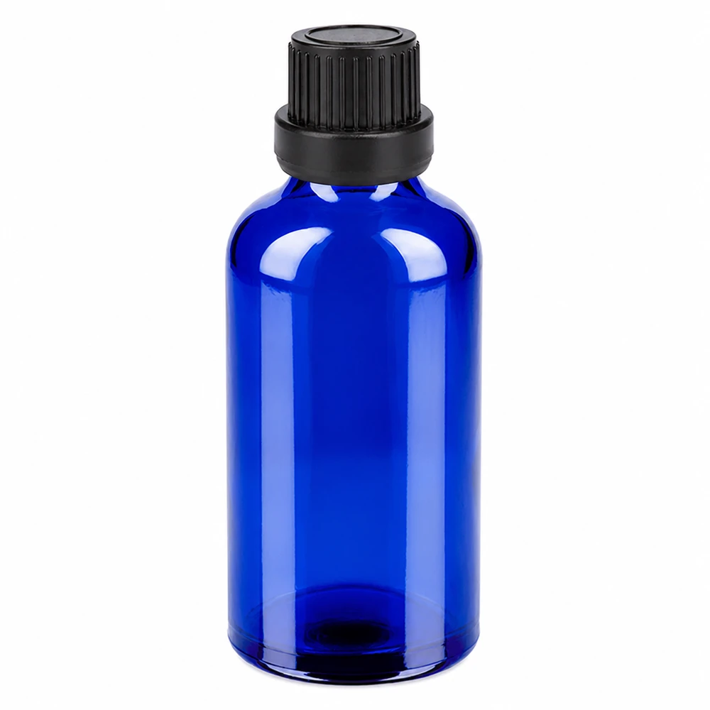 50ml Flasche 11mm Schraubverschluss schwarz Originalitätsverschluss BlueLine UT18/50 Lichtschutzflasche 50ml kobaltblau für lichtempfindliche Substanzen mit OV BlueLine Design