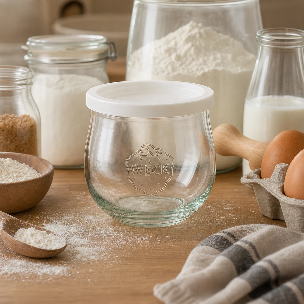 370ml Tulpenglas mit Frischedeckel WECK RR80 WECK Tulpenglas 370ml RR80 mit Frischedeckel in Backszene mit Mehl, Eiern und Milch auf Holzarbeitsplatte