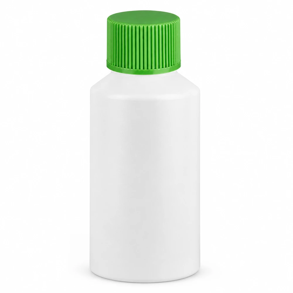 Apothekenflasche HDPE 50ml weiß, mit grünem Schraubverschluss Kompakte weiße Pharmaflasche 50ml HDPE mit grünem kindersicherem Verschluss