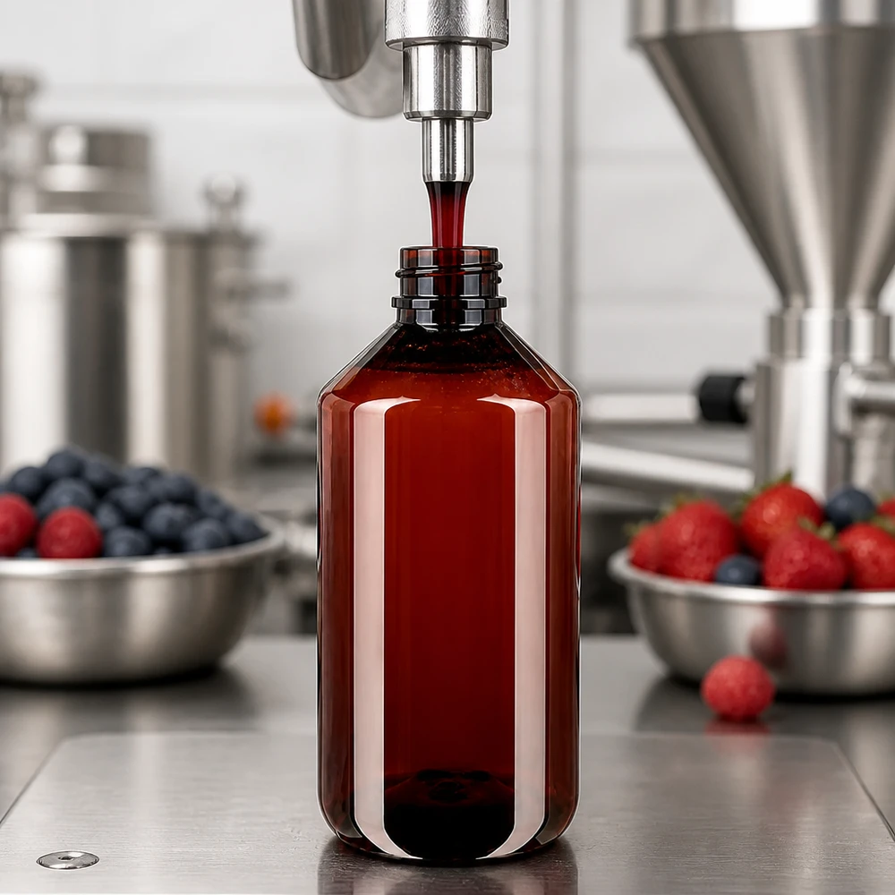 PET Flasche 750ml mit weißem Standard Originalitätsverschluss Abfüllanlage befüllt braune 750ml PET Flasche mit dunkelrotem Fruchtsaftkonzentrat