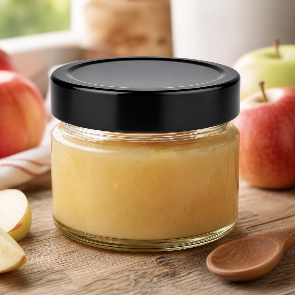 130ml Rundglas 24er-Set mit Deckel (Deckelfarbe: schwarz) UNiTWIST Klares Rundglas 130ml UNiTWIST mit Apfelmus Holzlöffel und Apfelscheiben dekoriert