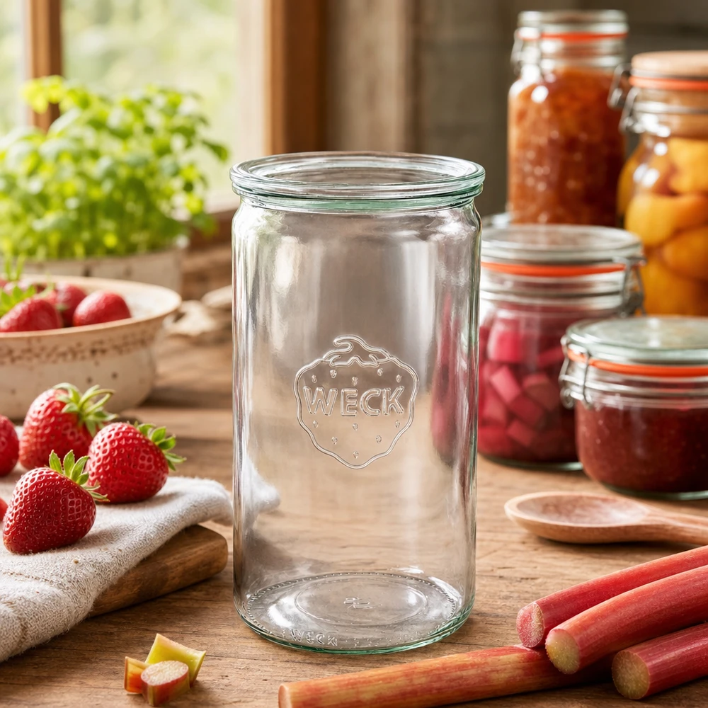 1590ml Zylinderglas mit Glasdeckel WECK RR100 WECK Einmachglas 1590ml in rustikaler Küche mit Marmeladengläsern Erdbeeren Rhabarber Kochzubehör Glasdeckel