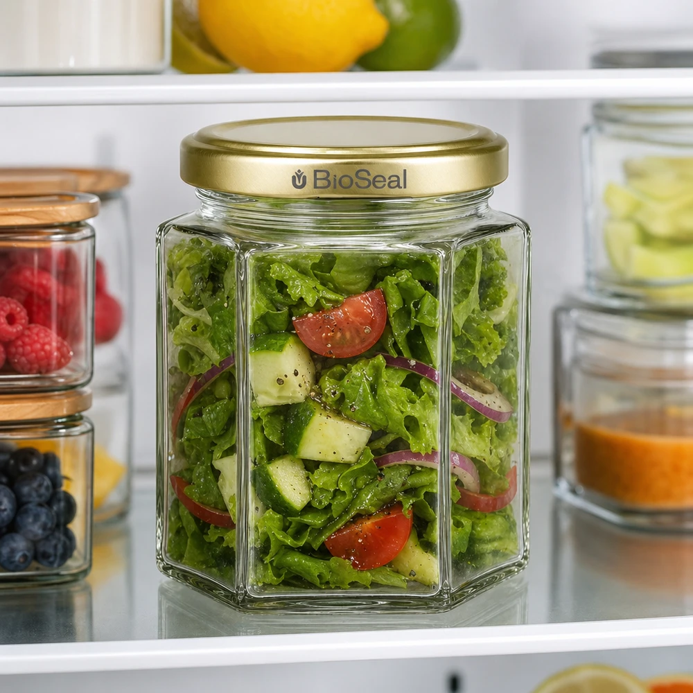 250g BioSeal Honigglas mit Salat gefüllt goldener Deckel Kühlschrank Meal Prep Aufbewahrung Vorratsglaser Küche