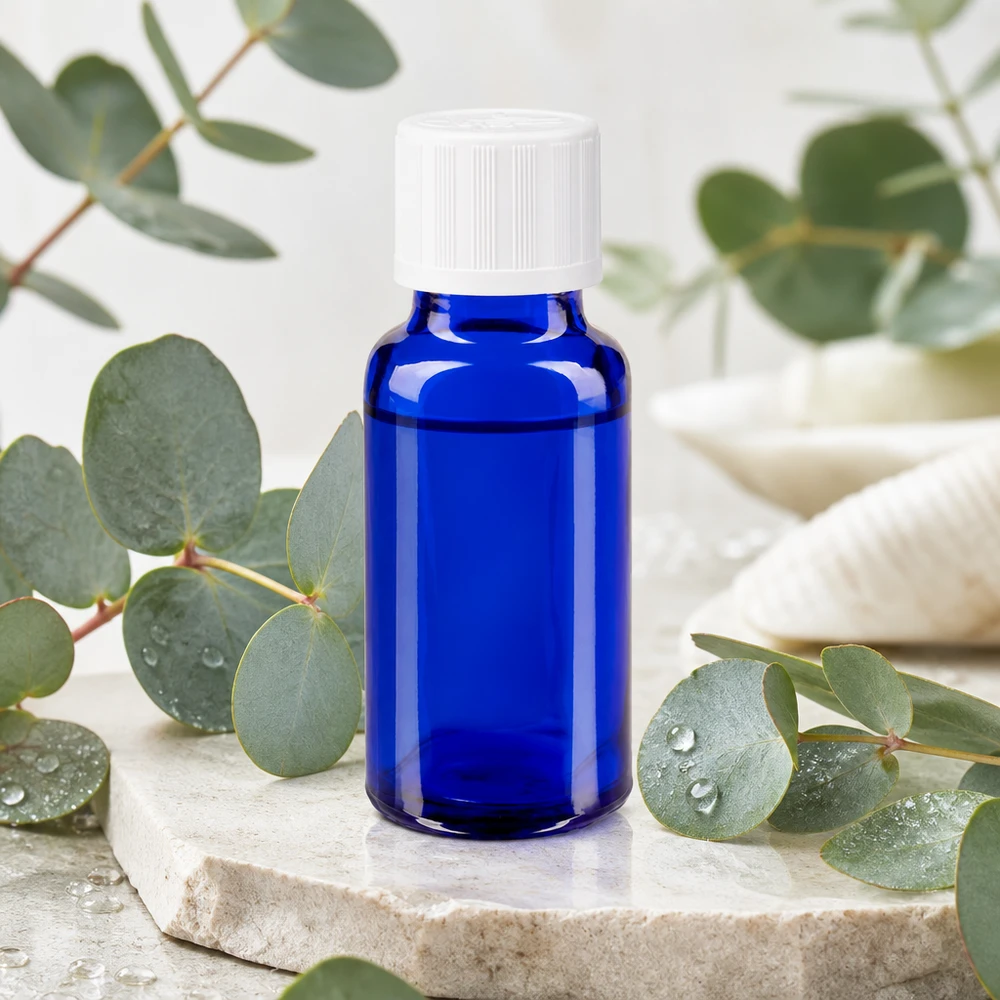 Apothekenflasche blau 20ml Schraubverschluss weiß Kindersicherung Standard Blaues UV-Schutzglas Apothekerfläschchen 20ml weißer Verschluss umgeben von frischen Eukalyptusblättern