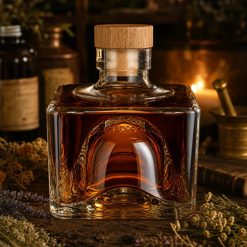 200ml Glasflasche "Bob" mit Holzgriff-Korken UNiTWIST 200ml Glasflasche Bob mit Whisky befüllt, Holzkorken-Verschluss, edle Spirituosenflasche in rustikalem Ambiente