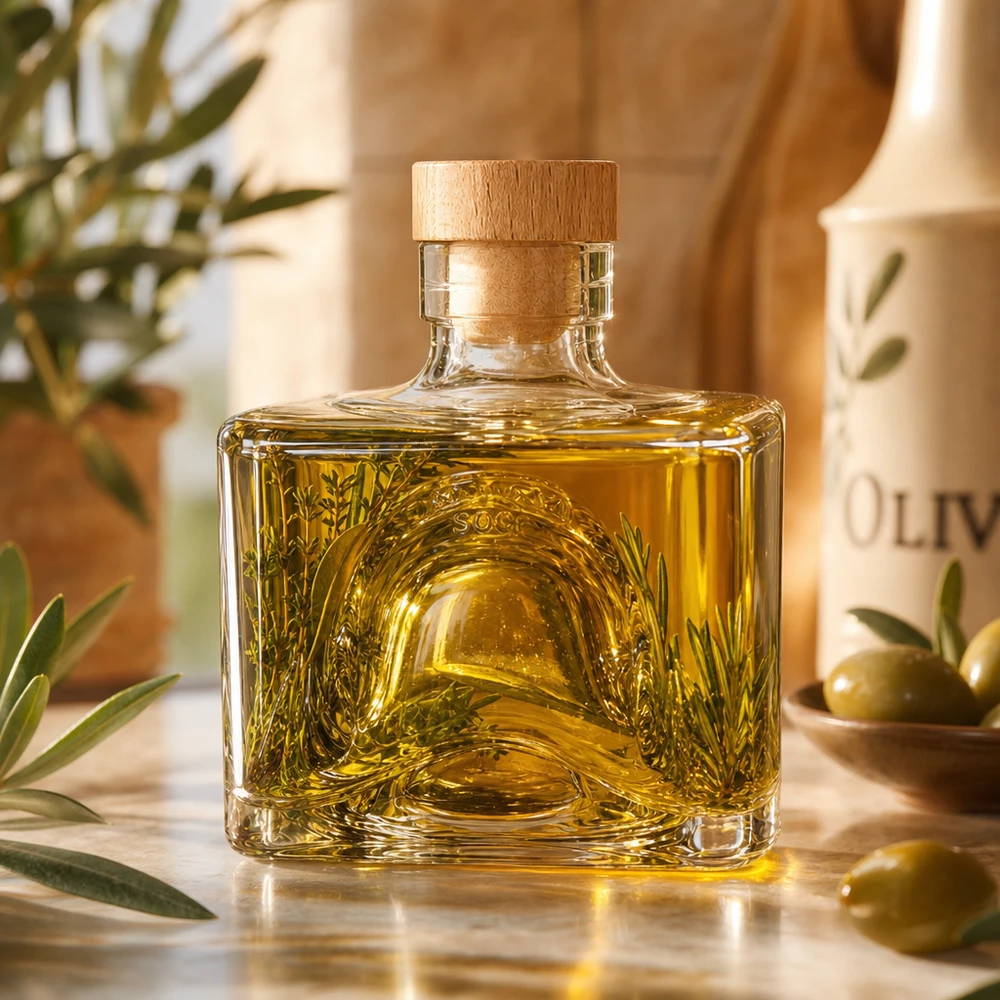 200ml Glasflasche "Bob" mit Holzgriff-Korken UNiTWIST 200ml Glasflasche Bob mit Olivenöl befüllt, Holzkorken UNiTWIST, mediterrane Küchendeko mit Oliven und Olivenzweigen