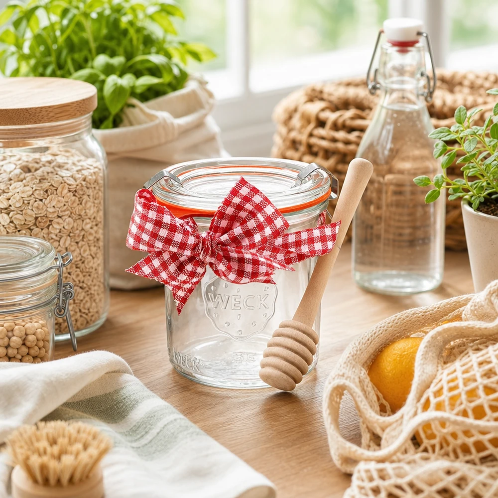 WECK-Mini-Sturzglas 140ml komplett mit Honiglöffel WECK Mini Sturzglas 140ml Komplettset Küchendekoration nachhaltige Aufbewahrung Honiglöffel Holz Kräuter Vorratsgläser