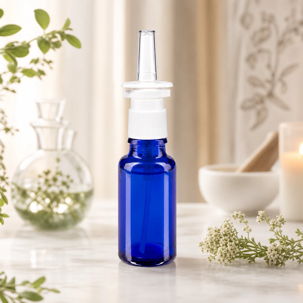 Apothekenflasche blau 20ml Nasenzerstäuber weiß Standard Blaue 20ml Glasflasche mit Nasenspray-Mechanismus für pharmazeutische Zubereitungen in Apothekenqualität