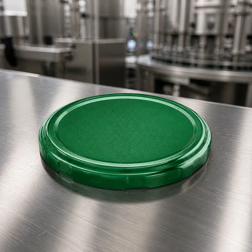 82mm BasicSeal Deckel grün (TO82) UNiTWIST Runder grüner TO82 Einmachdeckel 82mm BasicSeal liegend auf Stahltisch UNiTWIST