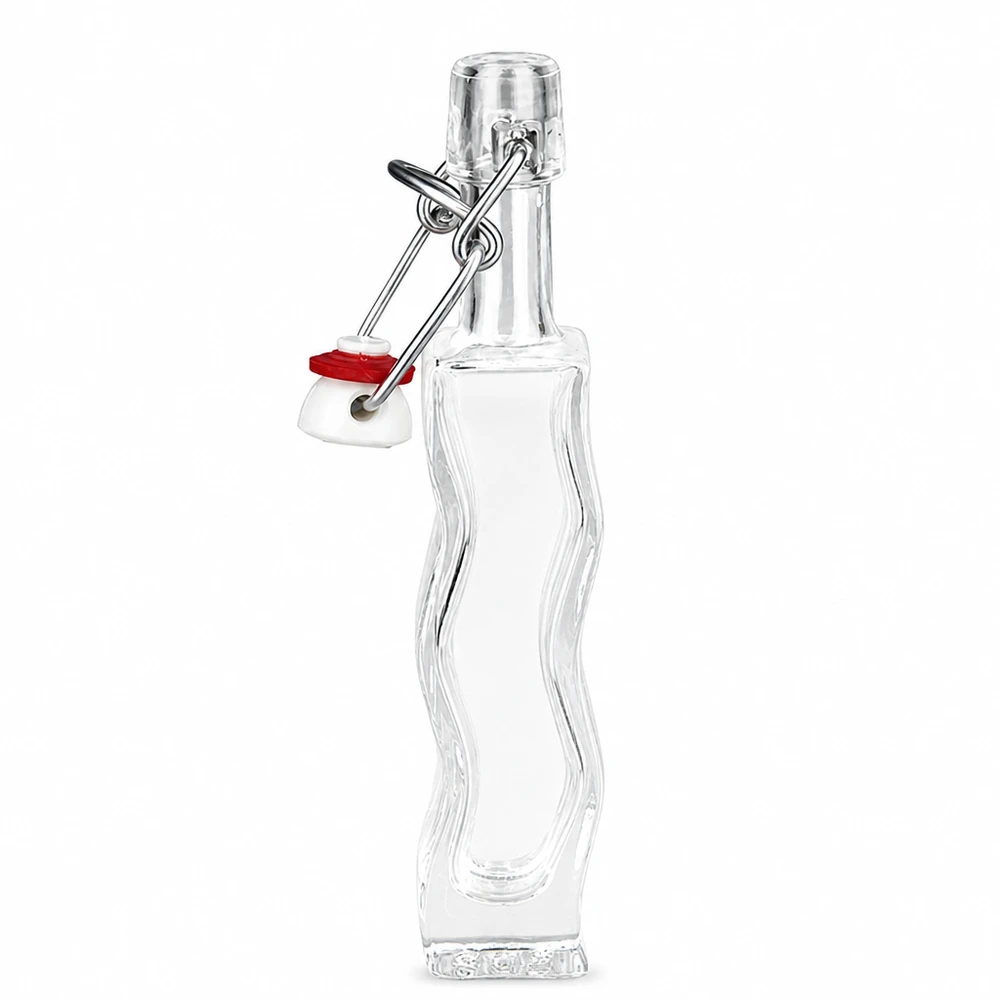 40ml Glasflasche "Anna" mit PVC Bügelverschluss UNiTWIST 40ml Glasflasche Anna mit roter Gummidichtung am Bügelverschluss, seitliche Detailansicht der geschwungenen Form