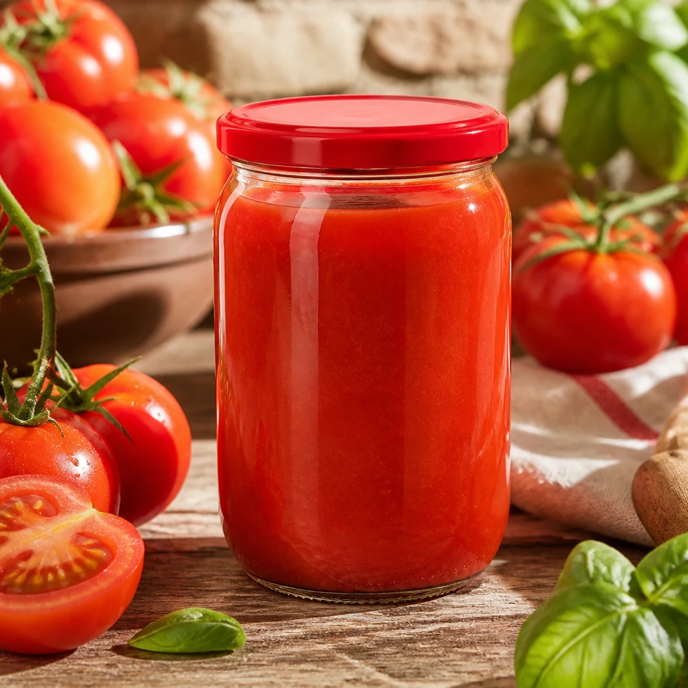 555ml Rundglas + BasicSeal Deckel rot UNiTWIST Selbst eingemachte Tomatensoße in 555ml UNiTWIST Rundglas mit rotem BasicSeal Schraubdeckel