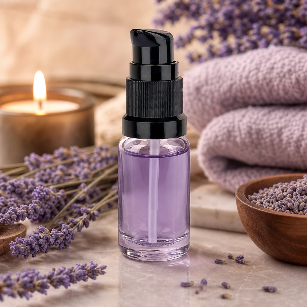 Nachfüllbare 10ml Glasflasche mit Dosierpumpe für Lavendelextrakt und Pflegeseren