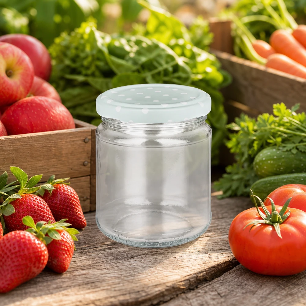 212ml Rundglas leer mit mint BasicSeal Deckel Punkte, Vorratsglas zwischen frischem Gemüse und Obst im Garten