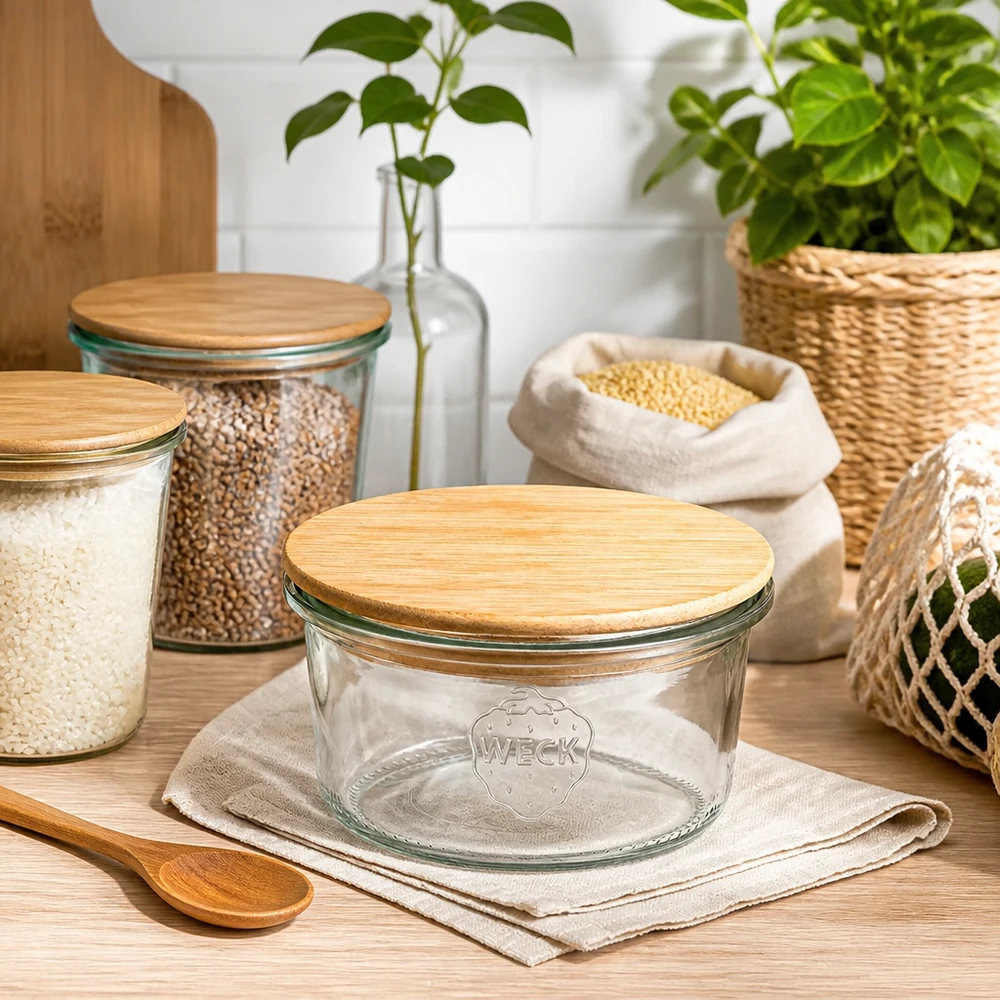 WECK Sturzglas RR80 165ml leer mit Bambusdeckel in nachhaltiger Zero-Waste Küche mit Vorratsgläsern