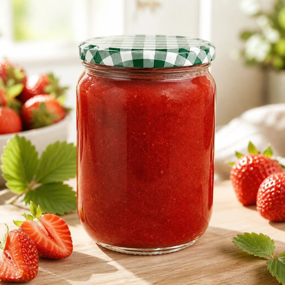 555ml Rundglas + BasicSeal Deckel grün/weiß UNiTWIST Frische Erdbeeren neben gefülltem 555ml UNiTWIST Einmachglas mit grün-weißem BasicSeal Deckel