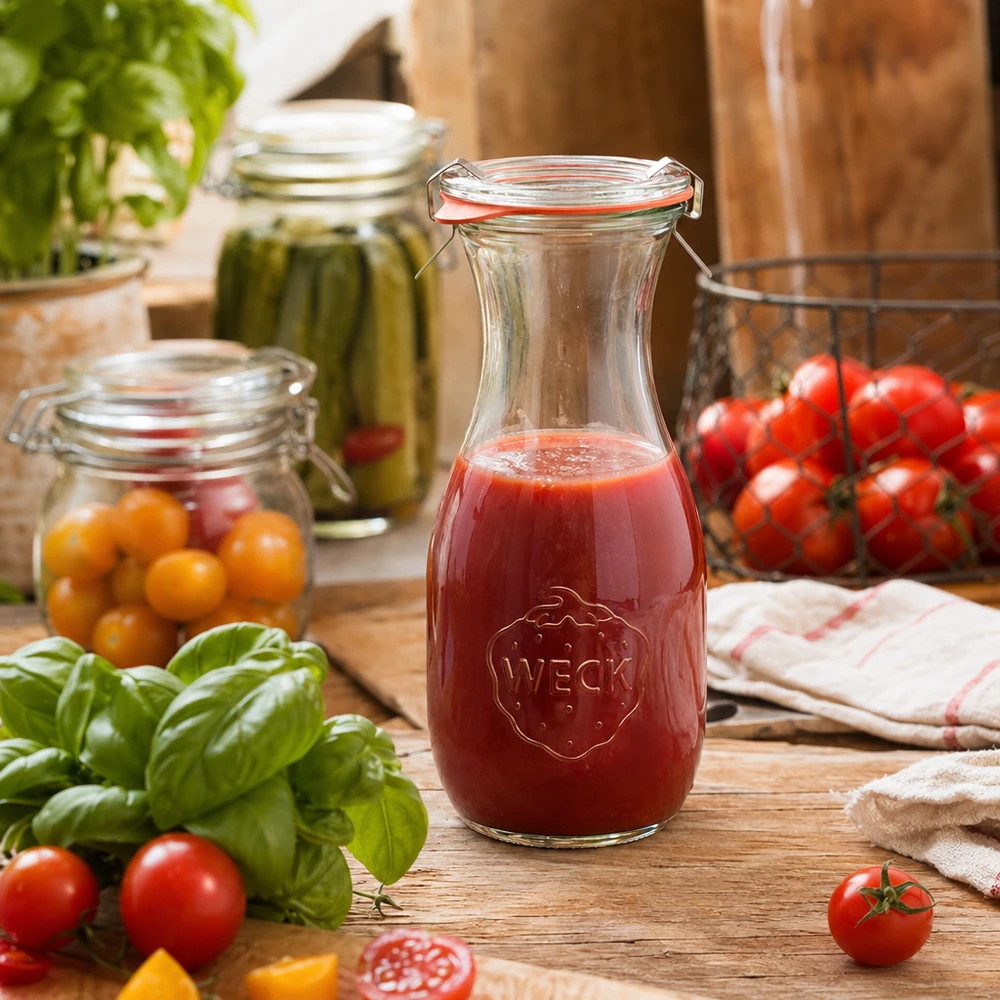 530ml Saftflasche komplett WECK RR60 WECK Saftflasche 530ml mit Tomatensaft auf Holztisch umgeben von frischen Tomaten und Basilikum in Küche