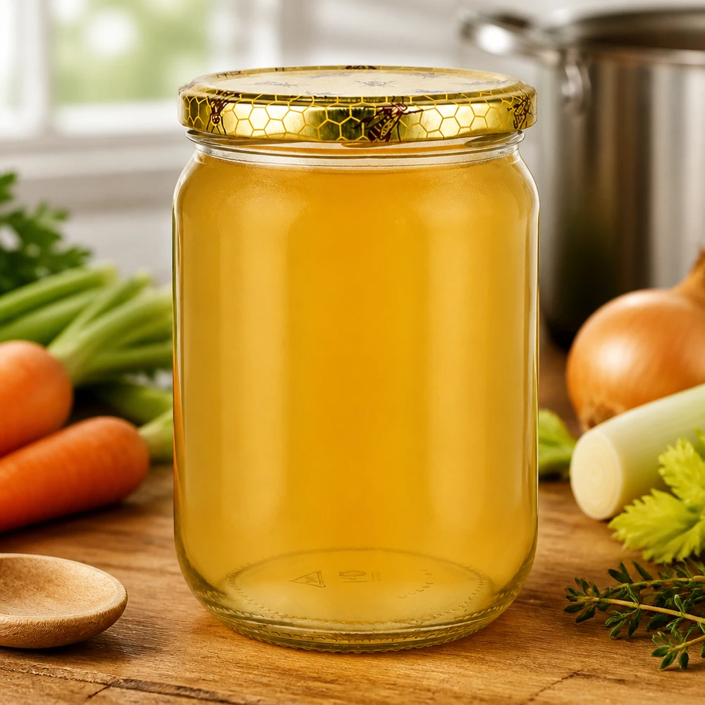 555ml Rundglas + BasicSeal Deckel Bienenwabe UNiTWIST Rundglas 555ml von UNiTWIST mit goldenem Bienenwaben Deckel zur Vorratshaltung von Suppenbrühe