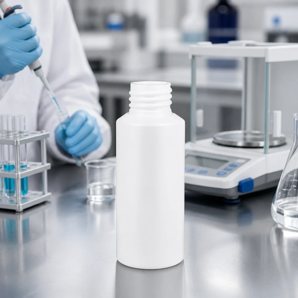 Apothekenflasche HDPE 30ml weiß, ohne Verschluss Runde HDPE Apothekenflasche 30ml in Weiß ohne Verschluss vor analytischer Laborpräzisionswaage