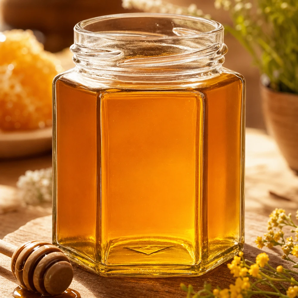 196ml Hexaglas ohne Deckel (TO58) UNiTWIST UNiTWIST Hexa196 sechseckiges Honigglas 196ml TO5 mit goldenem Honig gefüllt auf Holztisch mit Honiglöffel