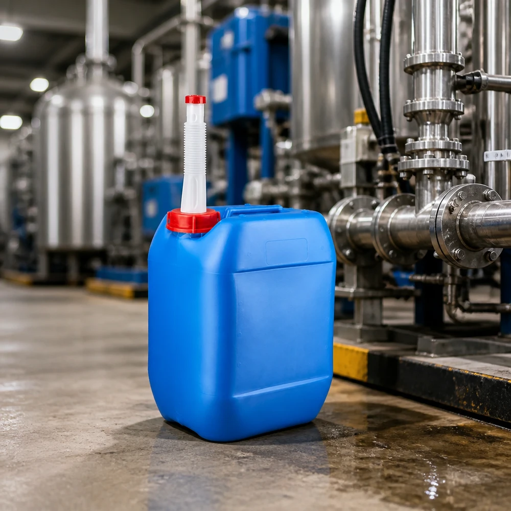 Kanister 10 Liter blau mit Auslaufrohr Flex Stapelbarer Flüssigkeitsbehälter 10 Liter blau mit flexiblem Ausgießer in Industriehalle