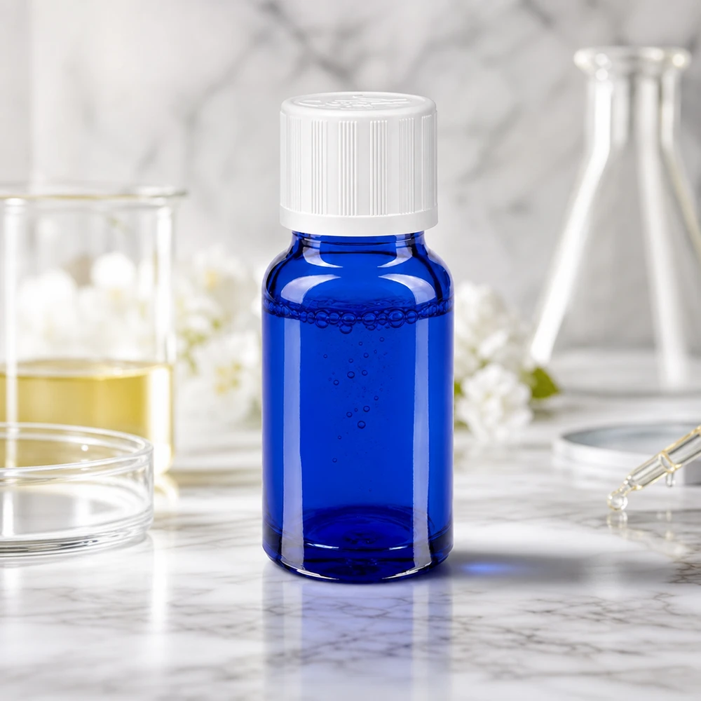 Apothekenflasche blau 10ml Schraubverschluss weiß Kindersicherung Standard 10ml Apothekerglasflasche in Blau mit Kindersicherheitsverschluss neben Petrischale und Pipette